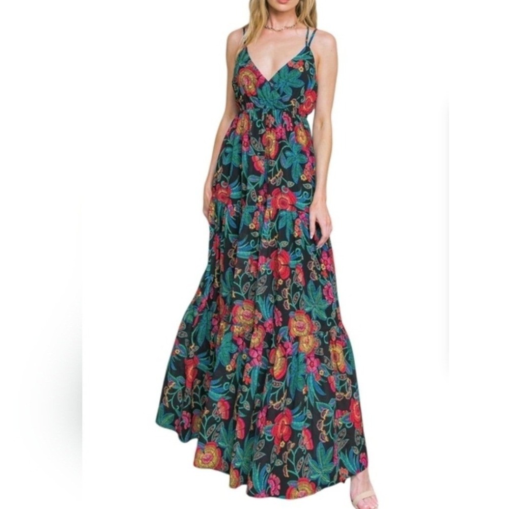 Flying Tomato Floral Print V-Neck Tiered Maxi Dress Sleeveless Boho Summer Dress